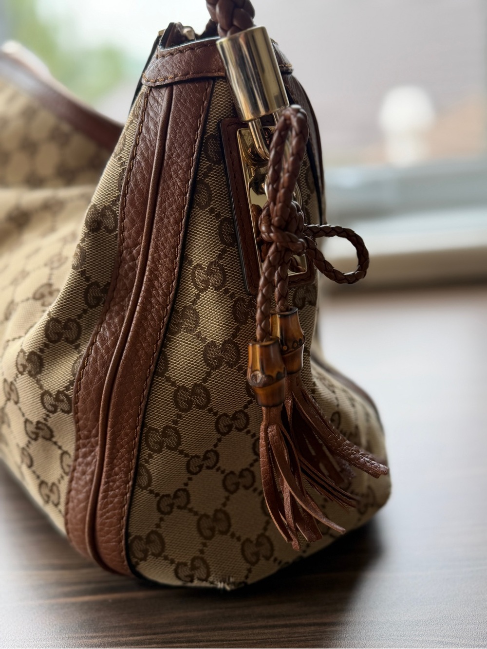 Gucci Beige & Brown GG Canvas Shoulder Hobo with Braided Handle - Picture 5 of 16